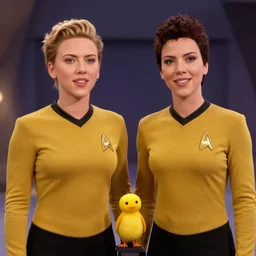 Scarlett Johansson and Tribbles in a scene from Star Trek