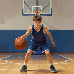 portrait of a boy at a basketball court playing basketball wearing a basketball uniform in a basketball court standing near the basketball hoop, poised, intense emotion, detailed facial expression, detailed surroundings, intricate, elegant, highly detailed, centered, digital painting, artstation, concept art, smooth, sharp focus, illustration, by Peter Mohrbacher, WLOP
