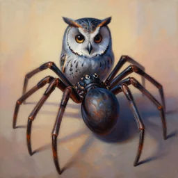 painting of hybrid between spider!!!!!!!!!!!!!!!!!!! & owl, intercrossed animal, mixture animal, by zdzislaw beksinski, by tiffany bozic, cold hue's, warm tone gradient background, concept art, beautiful composition, digital painting