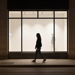 A photograph of A female walks past a lighted shop window on the side of the road at night,F3.5,ISO640,18mm,1/60,Canon EOS 90D.