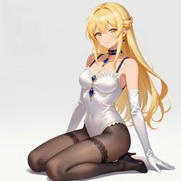 Worksafe. Illustration, close-up, elegant blonde princess posing in empty photo studio, wearing leotard, jewelry, elbow gloves, choker, pantyhose tights, high heels. Silk, nylon, latex, satin, frills, laces. Anime style at Pixiv, Danbooru and ArtStation, by krenz cushart, tony taka, extremely detailed, HD, high quality, perfect.