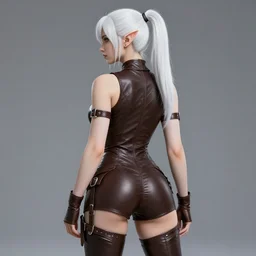 backveiw picture of elf rogue, female, white skin, ponytails, skintight leather clothes, curves, short coat, face details, extremely detailed, smooth, sharp focus, digital illustration, by artgerm, rossdraws, sakimichan