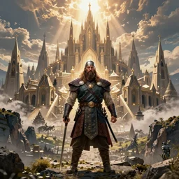 an ultra detailed mighty viking standing portrait in front of a highly detailed landscape of a big and structured norse city inspired by valhalla, big and structured valhalla city, viking heaven, god rays, inspired by norse mythology, 4k digital art, octane render, trending on artstation, digital art,