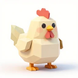 low poly model of a funny fat cubic chicken in a white background, pastel color palette
