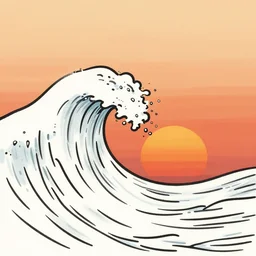 crashing wave, minimalist line drawing, sunset