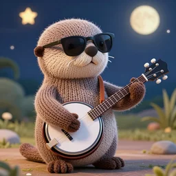 knitted sea otter wearing sunglasses and playing a banjo nighttime