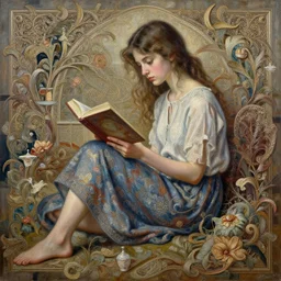 full body pose, mixed media painting of a girl reading a book, extremely hyper - detailed, intricate, epic composition, very detailed, masterpiece, stunning,