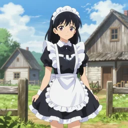 ( final draft ) anime maid standing in an amish homestead.