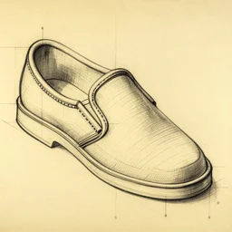 detailed blueprint sketches of a slipper, by leonardo davinci, on yellow paper, worn, pencil, sketch