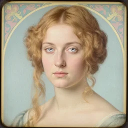 portrait of a beautiful young lady with silver eyes, colored daguerreotype, by pontormo, by Mackintosh, by Bosch, art noveau, liminal, Bright pastel colors