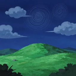night cartoon cartoon concept art, grass mountain landscape, from sam and max, spiral clouds, spiral lines, medium filter