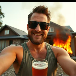 a selfie of a content bloke wearing a tank top, sunglasses, drinking beer, huge house fire!! in the background, high quality, detailed, a beautiful photograph from the nineties