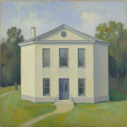 a beautiful painting of a building in a serene landscape by Alice Neel