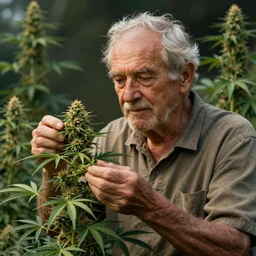 a caricature portrait of an elderly australian person tending their cannabis garden and making their own medicine octane render