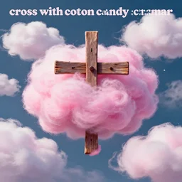“cross with cotton candy clouds surrounding it, album art in the style of James Jean”