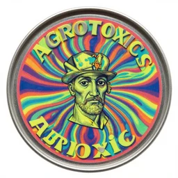 a round sticker of agrotoxics canister, trippy, fluorescent colors, engraving by goya