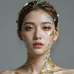 portrait of a beautiful futuristic woman layered with high-tech jewelry wrapping around her face and head, golden-silver light with tiny blue and gold gems scattered like dust