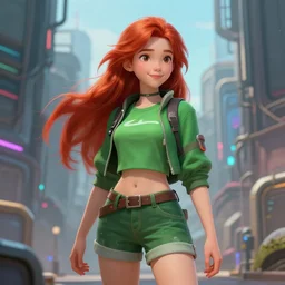 beautiful cute athletic red haired eighteen year old young girl standing up, casual green clothing, long hair, cyberpunk city, cute smiling face, rpg character, sci - fi, intricate, elegant, digital painting, artstation, concept art, smooth, 8 k frostbite 3 engine, ultra detailed, art by artgerm and greg rutkowski and magali villeneuve