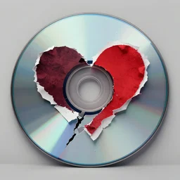 A broken CD with a piece of ripped paper resembling a heart, 8K concept art, 3D, extremely detailed, grim