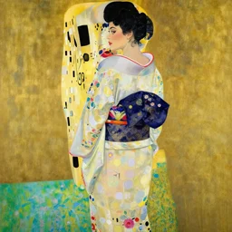 painting of kylie jenner in a kimono, view from behind, fully clothed, by klimt, background by nicolas delort and studio ghibli, surreal, dramatic lighting