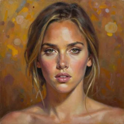 stunning serene portrait of jessica alba by Mark Arian, oil on canvas, masterpiece, realism, piercing gaze, autumn bokeh