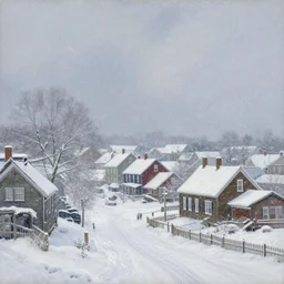 a beautiful painting of a small new england town engulfed in a noreaster blizzard by rutkowski and rockwell, detailed, art gallery quality, cinematic lighting