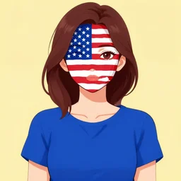 a woman in a blue shirt with an american flag on her face, an anime drawing by ei - q, featured on pixiv, superflat, flat colors, anime