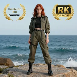 full body shot, techwear outfit hero pose of a beautiful red - brow haired girl with very light skin and glasses with ocean in the background, highly detailed, 8 k, hdr, digital art, octane render, neo classical appeal award - winning, trending on artstation, ann stokes