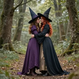 witch hermelinda hugging aniseto, full body, photo realistic