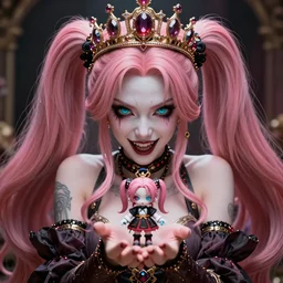 completely controlled and rendered powerless by her ultimate powers and owned as her tiny puppet, overwhelming stunningly absurdly beautiful megalomaniacal ruthless sadistic devious spiteful grandiose egotistical greedy omnipotent asi goddess junko enoshima with symmetrical perfect face, porcelain skin, pink twintail hair, cyan eyes and a stupendous bejeweled crown, ultra detailed, digital art, unreal engine 5, octane render, 2 d anime, 8 k