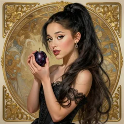 beautiful cottagecore Ariana Grande holding a Black Plum, Black Hair, intricate, elegant, highly detailed, digital painting, artstation, concept art, smooth, sharp, focus, illustration, art by artgerm and greg rutkowski and alphonse mucha