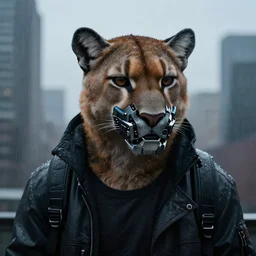 new york city portrait of furry anthro anthropomorphic cougar mountain lion head animal person fursona wearing clothes strange cybernetic muzzle gloomy rainy screenshot from the video game cyberpunk 2077 digital art by Greg Rutkowski, Simon Stalenhag, christopher nolan trending on Artstation, CGSociety