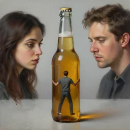a tiny realistic proportioned man trapped inside an empty beer bottle. beautiful detailed painting by artgerm and magali villanueve and michael whelan