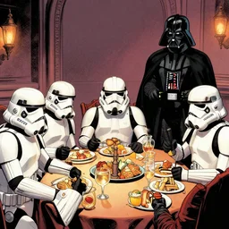 stormtroopers eating at a feast with darth vader, comics art