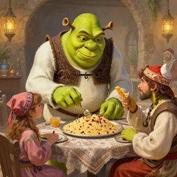 shrek eats couscous with his family, moroccan festival, highly detailed, digital painting, artstation, concept art, sharp focus, illustration, art by greg rutkowski and alphonse mucha