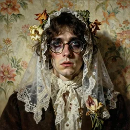 a beautiful and eerie baroque painting of a beautiful but serious man in layers of fear, with haunted eyes and glasses, 1 9 7 0 s, seventies, floral wallpaper, wilted flowers, morning light showing injuries, delicate ex embellishments, painterly, offset printing technique
