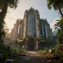 ground level cathedral brutalist architecture abandoned empty streetscapes overgrown jungle natural volumetric light mist sunset rusted steel concrete glass stunning skies scattered rubbish and debris 8 k finely detailed unreal engine imax cinematic beautifully illustrated sharp focus minimal artifacts doom ryan church doug chiang artstation