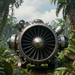 spaceship in the jungle with big engine in front of viewer, photorealistic, cinematic keyframe, cloudy day, ue 5, octane render, by dilan cole, wadim kashin, fausto de martini, featured on artstation, sharp focus, ray tracing, artstationhq, cgsociety, 8 k