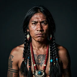 portrait of hopi shaman, 7 0 yo, annoyed look, tattoos, dark background, studio light, hdr, nikon 2 4 mm f / 1. 8 g, by sebastiao salgado