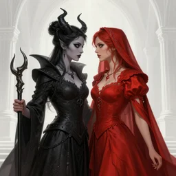 a beautiful and detailed matte painting of a lesbian wedding between evil pyromancer and a red mage, dark eyeliner, highly detailed, digital painting, unholy union, white church background, god rays, sharp focus, highly detailed, cinematic lighting, studio quality, colorful, smooth render, vector illustration, award winning, art by rebecca guay and by arthur rackham and by alphonse mucha and by john william waterhouse