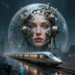 detailed face of a woman, clockwork woman, moment, tectonic sky, skydome, bullet train, tech noir, wet reflections, prism, atmospheric, ambient, pj crook, syd mead, livia prima, greg rutkowski, edward hopper