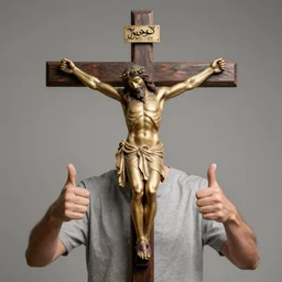 jesus nailed to the cross, grinning and holding thumbs up, photogenic, professional photograph, great lighting