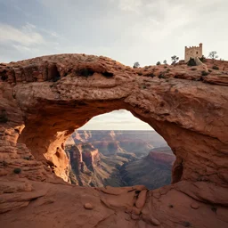 Rocky arch connect two sides from left to right over the canyon, in the distance ancient castle with destroyed tower, highly detailed, matte painting, wide lens, ultra realistic, 4k, 8k resolution, trending on artstation, octane render, unreal engine.