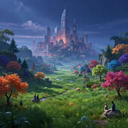utopian city at night, futuristic landscape, masterpiece, colorful trees, beautiful valley, grass fields, digital effects, peaceful atmosphere, 8 k high definition, insanely detailed, art by alessando baldasseroni, jeremy bennett, john liberto, angelina stroganova