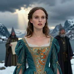wizard, norway fjord, natalie portman, hudson river school, max rive, royal dress, f 1 6, bokeh, gentle, female, snowy, storm clouds, god rays, close up portrait, d & d, fantasy, elegant, teal orange color palette, concept art, roger deakins and greg rutkowski and alphonse mucha