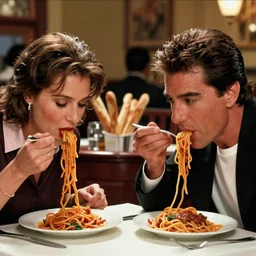 tom cruise and john travolta at an olive garden restaurant, slurping spaghetti like lady and the tramp movie, endless breadsticks in the background, cinematic