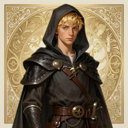 an epic fantasy comic book style portrait painting of a confident blonde boy wearing plain thief clothes, d & d, fantasy, intricate, elegant, highly detailed, digital painting, artstation, concept art, matte, sharp focus, illustration, art by artgerm and greg rutkowski and alphonse mucha