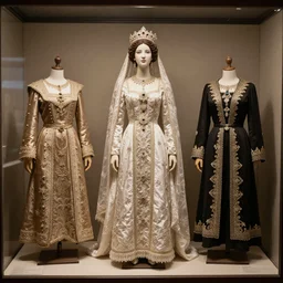 A Russian and Japanese mix 1900s historical fantasy photograph of an empress bridal ensemble featured inside of a museum.