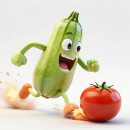 detailed 3 d render of a raging zucchini!! character chasing!! down a desperate tomato!, high speed action, explosions, dramatic scene, hyper realistic octane render, cinematic lighting, deviantart, pop - surrealism, lowbrow, frame from disney pixar movie