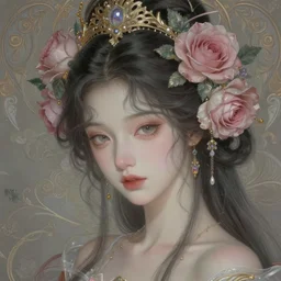 portrait of a beautiful rose goddess, sweet, graceful, esoteric, muted colors, head in focus, fantasy art, ornamental aesthetics, intricate, elegant, highly detailed, hyperrealistic painting, artstation, concept art, painterly, sharp focus, hasselbrad photography, illustration, art by chie yoshii